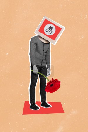 Vertical creative collage picture standing young depressed man holding flower gift failure date loser drawing background.