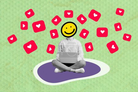 Imagen creativa collage sentado persona sin cabeza emoticono sonriendo feliz emoción corazón icono como smm targetologist redes sociales.