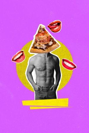 Vertikale kreative Collage Bild junger fitter Mann nackter Oberkörper fit Sportler Pizza verlockend lecker Scheibe Ernährung Kalorien Diät.