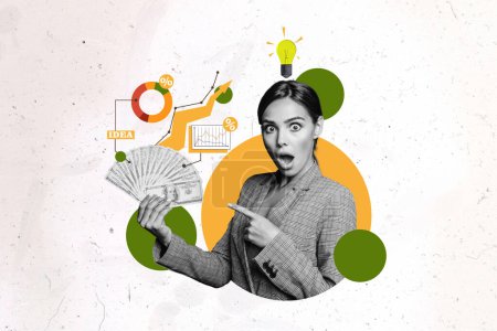 Composite photo collage of shocked girl hand point fan dollars income percent success chart arrow up rich isolated on painted background.