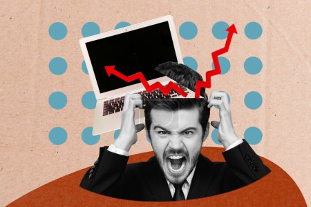 Creative picture collage young irritated screaming annoyed businessman trader investor reach success top rising arrows laptop.