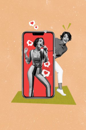 Vertikale Foto-Collage junge fröhliche Mädchen Smartphone-Bildschirm Blogger Künstler erhalten Feedback Benachrichtigung Zeichnung Hintergrund.