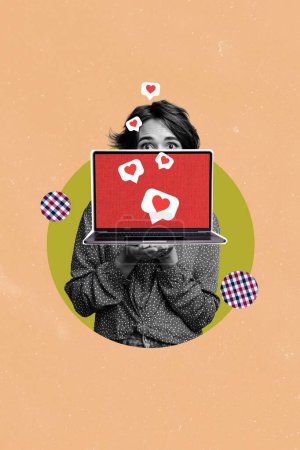 Vertical foto collage creativo cartel joven estresado chica portátil exitoso blogger internet popularidad contenido creador medios sociales.