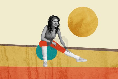 Collage artwork picture of attractive cheerful cute woman sitting fitness ball training yoga pilates isolated on painted background.