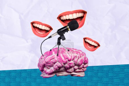 3D foto collage compuesto ilustraciones boceto imagen de tres bocas enormes hablar en el micrófono lavado de cerebro infromation noticias de la basura.