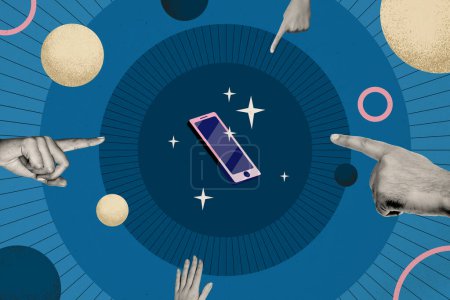 Zusammengesetzte Foto-Collage der neuen iPhone-Premiere Ankündigung neuestes Modell Flash Crowd Hand Zeigefinger isoliert auf gemaltem Hintergrund.