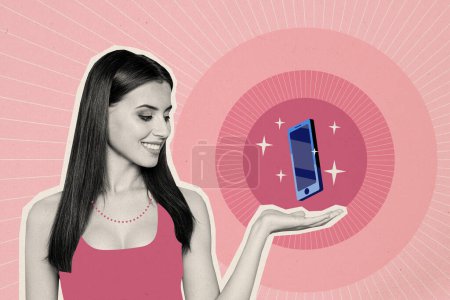 Composite Foto-Collage von jungen glücklichen Mädchen Singlet Perlen zeigen neue iPhone-Premiere neuestes Modell isoliert auf gemaltem Hintergrund.