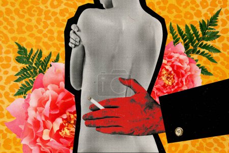 Composite sketch image trend artwork 3D collage of huge man hand keep cigarette touch naked back victim lady silhouette big rose behind.