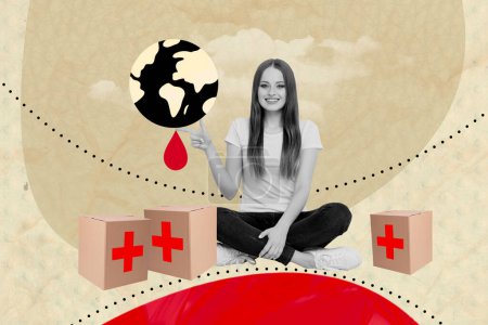 Creative picture collage sitting young girl showing finger blood drop planet earth carton boxes medical help rescue collection.