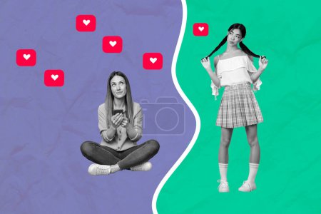 Kreative Fotocollage junge zwei Mädchen smm Targetologe Social Media Influencer Blogging erhalten Feedback wie Herz Benachrichtigung folgen.
