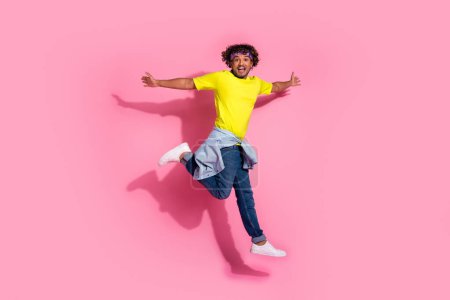 Photo of nice positive glad man wear stylish yellow clothes enjoy weekend good mood isolated on pink color background.