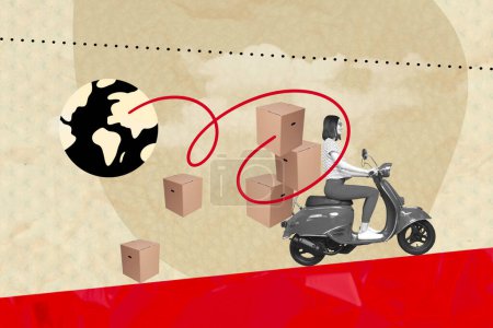 Creative photo collage young girl riding bike scooter carton boxes delivery planet globe shipment moving drawing background.