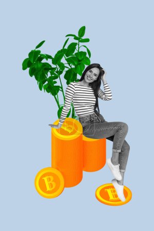 Vertikale Bild-Collage sitzt junges Mädchen Bitcoin Stack Goldmünzen Kryptowährung investieren Gewinne grüne Pflanze Zeichnung Hintergrund.