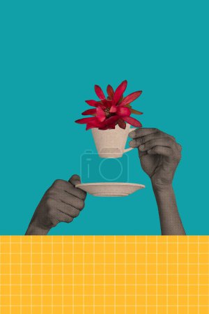 Collage photo verticale des mains tenir tasse boisson boisson thé floral faire pause café profiter de détente isolé sur fond peint.