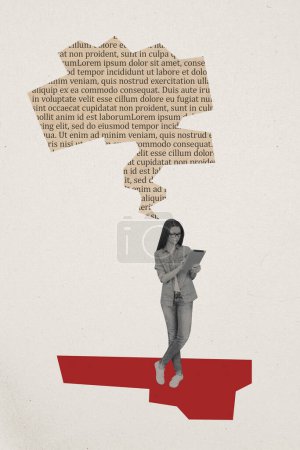 Vertical photo collage of serious girl editor stand hold tablet read online article technology text box isolated on painted background.