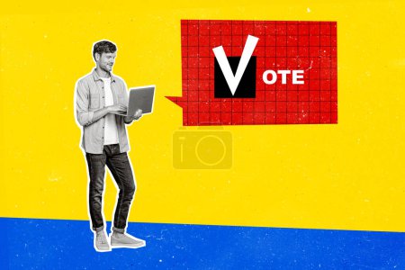 Trend artwork composite sketch image 3D collage of black white young guy hold laptop in hand online distance vote voice make choise.