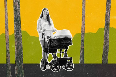 Tendance illustration composite croquis image collage 3D de noir blanc jeune maman tenir chariot dans les mains saison de marche dans la forêt de pins nature.