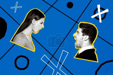 Sketch image composite artwork collage of silhouette young angry couple man woman in conflict stress bad mood negative tic tac toe game.