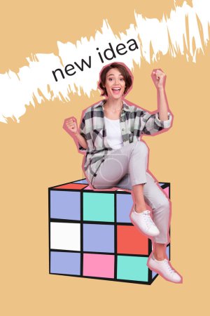 Composite trend artwork sketch image photo collage of silhouette young clever excited lady sit on huge Rubik cube create new idea.