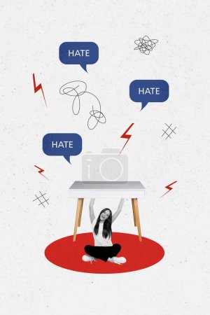 Vertical photo collage of happy girl sit table roof save hate bullying shame dislike emoji lightning victim isolated on painted background.