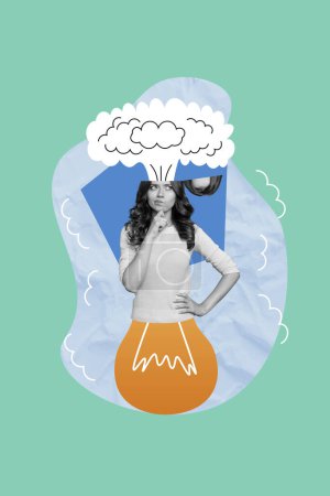 Collage photo verticale de fille réfléchie cerveau explosion idée nuage dilemme pensé puissance ampoule isolée sur fond peint.