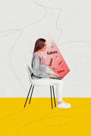 Skizze Bild Trend Kunstwerk Foto-Collage von Silhouette Dame sitzen auf Sessel Hände halten Laptop Haus übersetzen Fake News Lüge Social Media.
