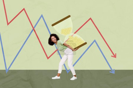 Creative collage picture young woman carry sandwatch dynamic stats arrow reach goal decrease progress drawing background time flow.