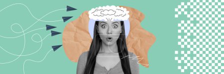 Collage panoramique composite de fille étonnée explosion cérébrale idée nuage dilemme pensé santé mentale isolé sur fond peint.