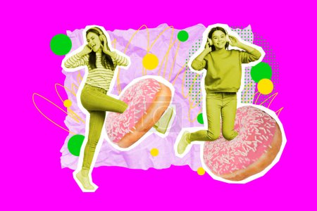 Creative photo collage young happy energetic girls teen music listeners headphones leisure donut pastry sweet bakery drawing background.