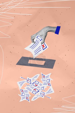 Vertikale Fotocollage von Hand legte Stimmzettel Blatt gewählt Box Container wählen Präsidentenwahl isoliert auf gemaltem Hintergrund.