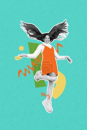 Vertical photo collage of happy young teenage girl jump back school education student university college isolated on painted background.