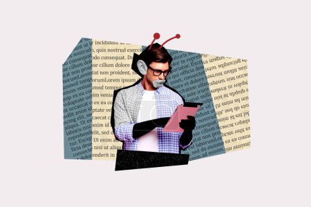 Croquis image illustration Collage photo 3D de silhouette surréaliste abstenir homme face à différentes pièces avec des cornes d'insectes sur la tête tenir tablette à la main.