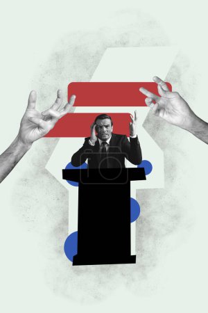 Vertikale Bildcollage eines wütenden Mannes Interview Stress Lüge Propaganda Hände Schuld Präsident Scham Versagen isoliert auf gemaltem Hintergrund.