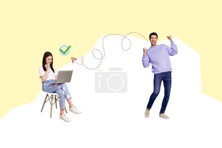 Composite trend artwork sketch image 3D photo collage of young couple friends man say yes fist up lady sit in armchair hold laptop work.