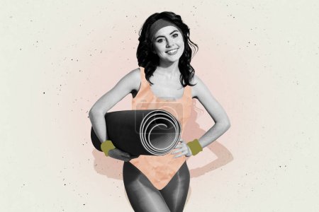 Photo créative collage photo jeune debout femme sportive slim fit figure entraîneur exercice prêt échauffement dessin fond.