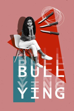 Vertical photo collage of scared american girl sit chair threat knife bullying shame abuse offense victim isolated on painted background.