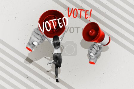Collage-Bild von Schwarz-Weiß-Effekt Arme halten Lautsprecher Mini-Mädchen gewählt politischen Wahlen isoliert auf grauem Hintergrund.