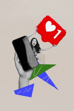 Vertical photo collage of happy girl hold text box like love peek iphone screen blog social media hand isolated on painted background.