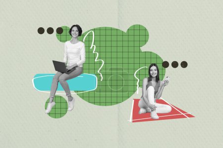 Composite trend artwork sketch image photo collage of two young colleague women coworking remote office manager use laptop relax break.