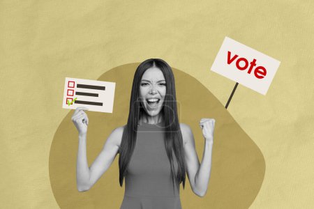 tendencia compuesta ilustraciones boceto imagen collage de joven atractiva dama celebrar en mano voto cuestionario hacer elección feminismo mujer derechos.