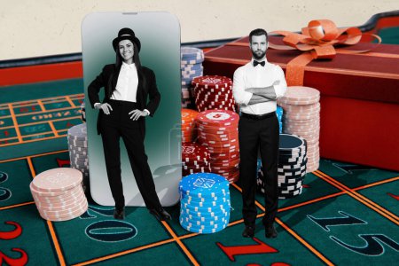 Kreative Bild-Collage junge stehende Frau Mann Croupier Händler Casino-Chips Glücksspiel Jackpot Internet-Spiele promo Glück.