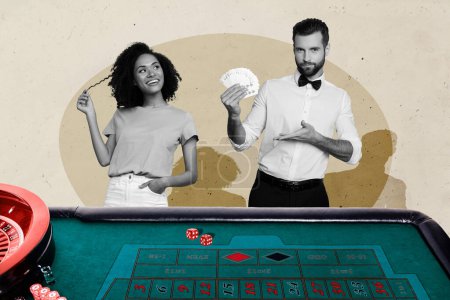 Creative photo collage young happy cheerful woman gentleman casino dealer showing card combination dice prize jackpot winner.