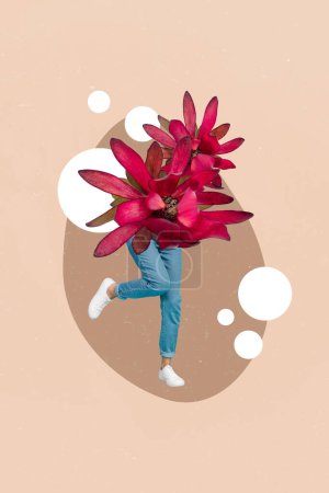 Trend artwork sketch image 3D photo collage of bodyless person incognito stand on legs jump half body flower nature spring woman day.