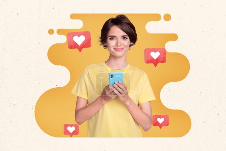 Kreative Collage Bild hübsche junge Mädchen Smartphone-Nutzer Online Social Network Medien Förderung smm erhalten Feedback folgen Benachrichtigungen.