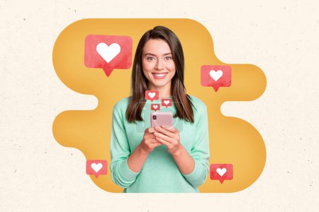 Kreative Bild-Collage Foto-Bild fröhlich junge hübsche Mädchen Smartphone-Gerät virtuelle Blogging erhöhen Popularität Zeichnung Hintergrund.