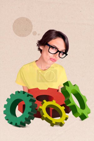 Vertical photo collage of serious puzzled business girl pile gears mechanism optimization process bubble isolated on painted background.