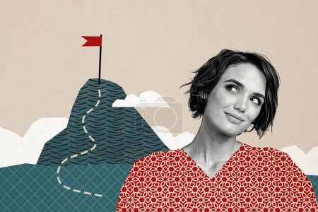 Collage photo composite de fille heureuse pense drapeau de montagne rêve promotion objectif chemin réalisation chance isolé sur fond peint.
