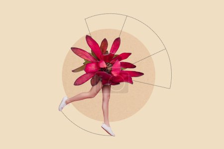 Kreativ Collage Bild junge kopflose Frau Körper Beine Spaziergang Blume Blütenpflanze 8 März Frühling Feiertagsfeier Zeichnung Hintergrund.