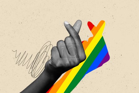Kreative Bild-Collage menschliche Hand Körperfragment zeigt Liebe Geste zwei Finger lgbtq Parade unterstützen Vielfalt Rechte Zeichnung Hintergrund.