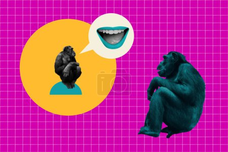 collage de fotos compuesto de chimpancé mono divertido sentarse caja de texto comunicación burbuja charla discurso de diálogo aislado sobre fondo pintado.